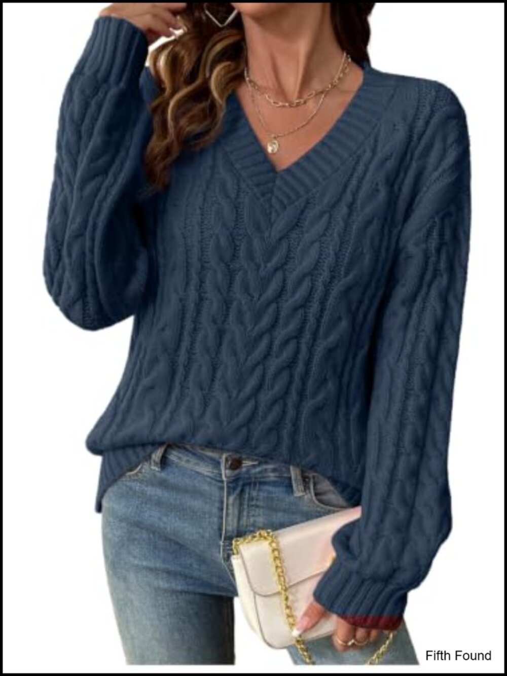 Womens V Neck Cable Knit Sweater Oversized Off Shoulder Pullover